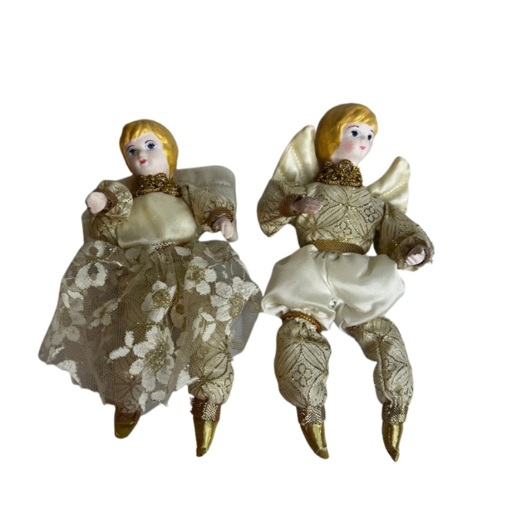 Christmas Holiday Porcelain Doll Head Tree Ornaments Set of 2 VTG Ballerina